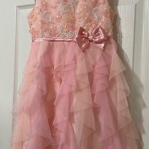 Girls Pink Ruffled Party Dress with Satin Bow